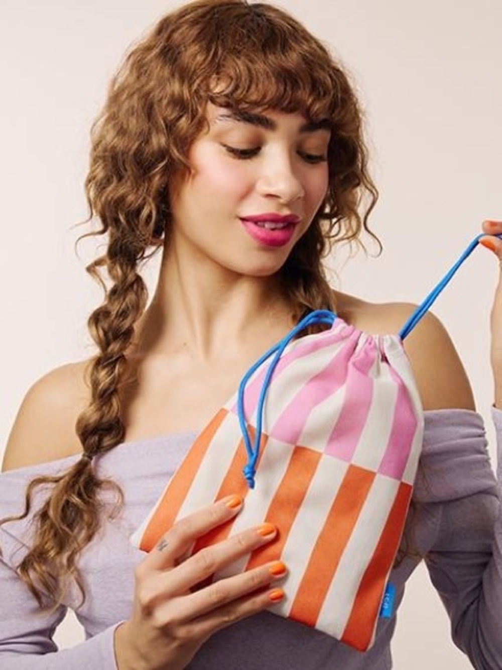 New Striped Makeup Cosmetics Skincare Drawstring Pouch Bag in Pink Orange Travel